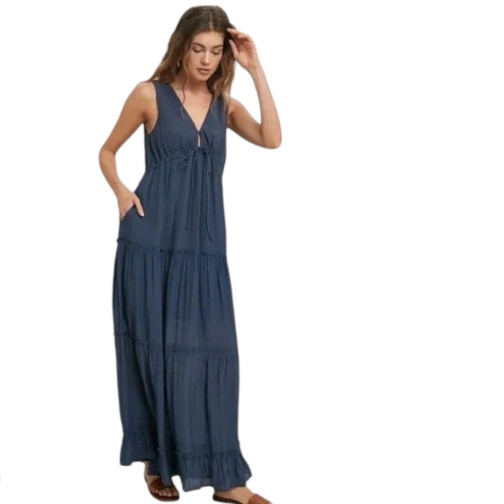 NWOT Wishlist Sleeveless Tiered Ruffle Hem Slate Blue Maxi Dress Sz L - Picture 2 of 4